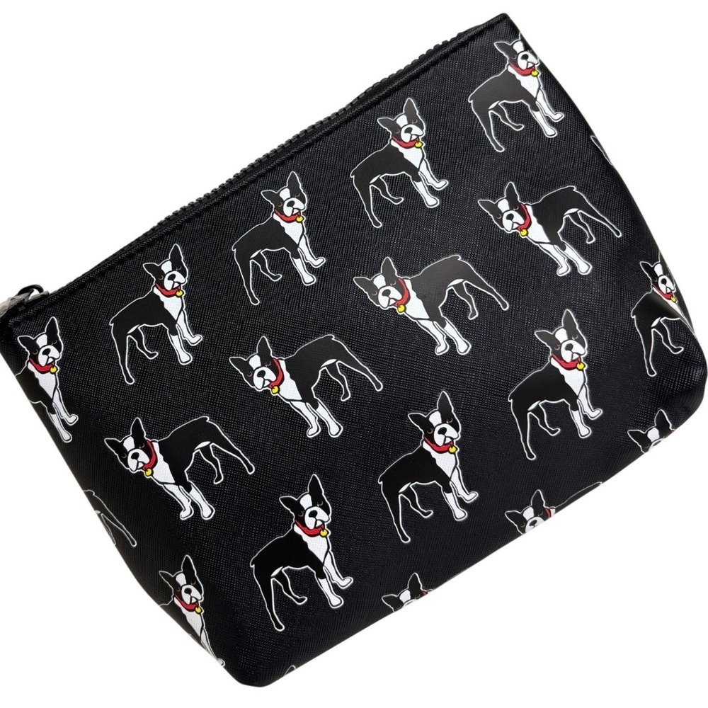 Marc Tetro Boston Terrier Dog Print Cosmetic Pouch Black Saffiano PVC Makeup Bag